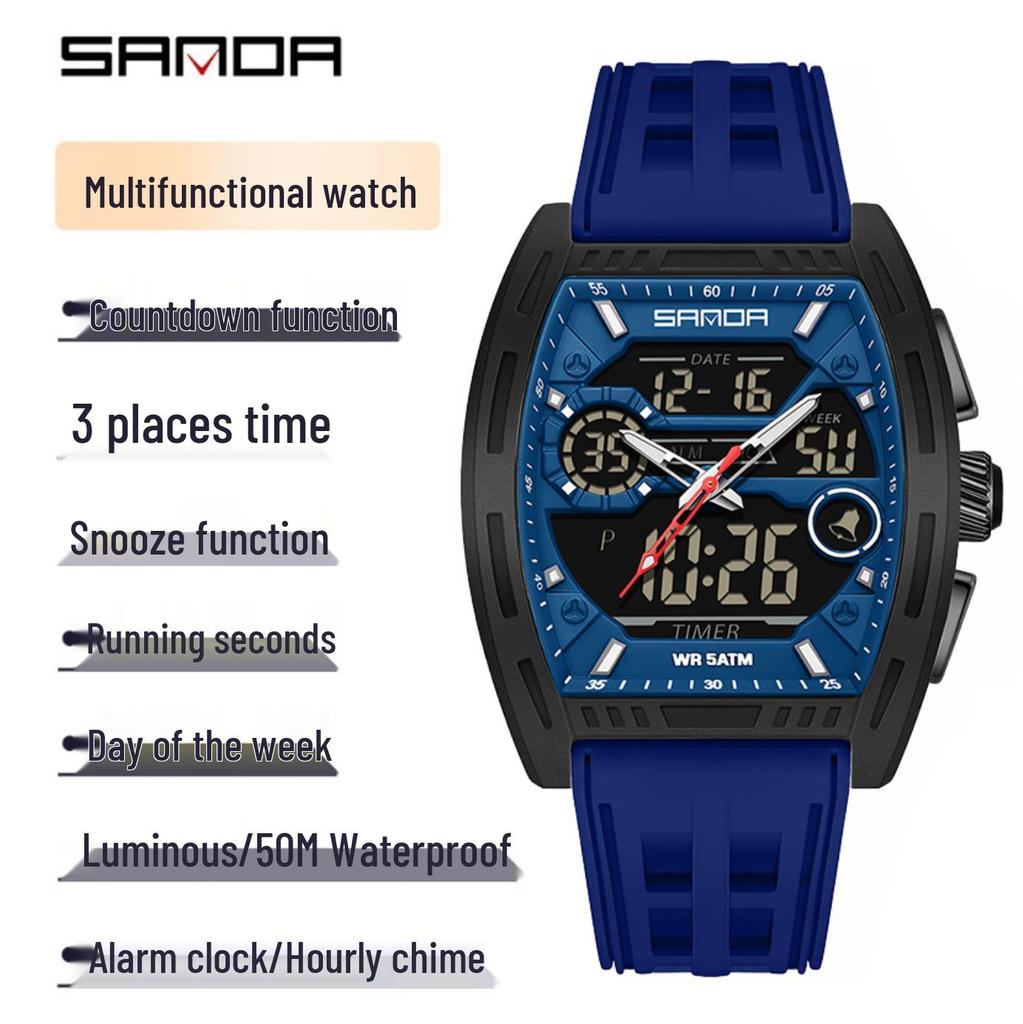 Montre Sanda Double Affichage Lumineuse Étanche pour Étudiant d'Extérieur avec Chronomètre, Alarme et Compte à Rebours