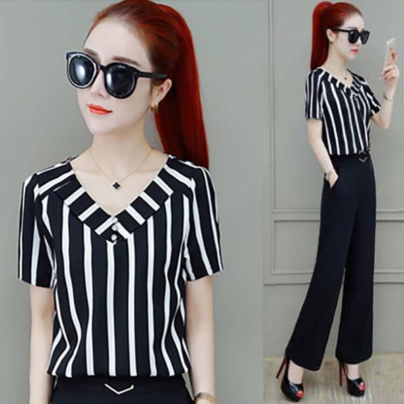 2025 Women's Striped V-Neck Short-Sleeve Slim Shirt - Korean Style, Plus Size, Loose Fit