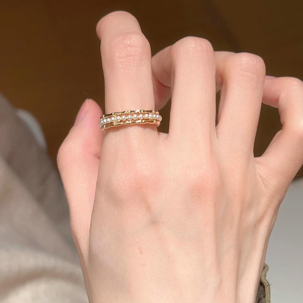 Koreanischer Stil Schlichter Zirkon Bambusring Damen Offen Verstellbar Nische Hochwertig Einzigartig Westlicher Stil Perlenring Mode