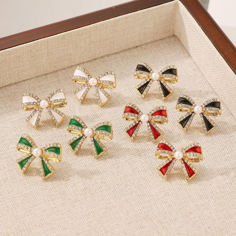 Vintage Metal Bow Inlay Zircon Stud Earrings for Women Exquisite Imitation Pearl Bowknot Charms Earrings Fashion Party Jewelry