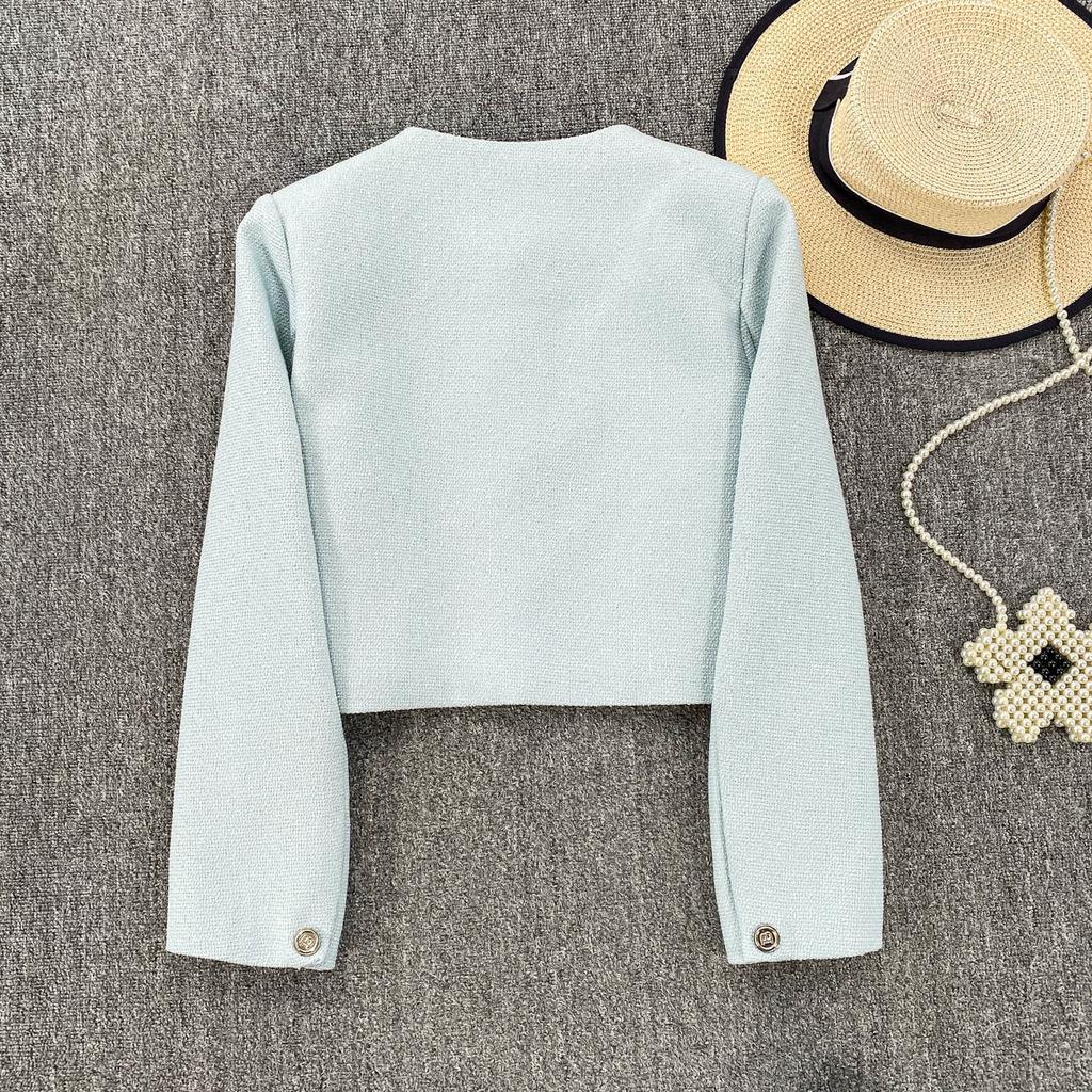 Autumn Winter Women Elegant Little Fragrant Wind Full Sleeve Single Breasted Tweed Short Jacket Coat with Pocket