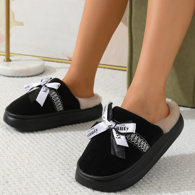 Fashion Bow Casual Women's Slippers Home Plush Luxury Designer Woman Shoes Winter Indoor Fuzzy Fur Slides Flats Elegant Footwear Soft