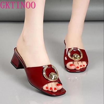 Fashion GKTINOO Women Shoes Sexy Patent Leather Female Flip-flop Slippers Summer Fashion High Heels Slides For Ladies Comfortable Sandal