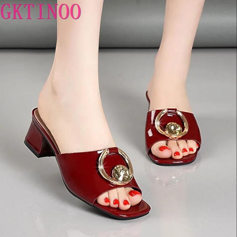 Fashion GKTINOO Women Shoes Sexy Patent Leather Female Flip-flop Slippers Summer Fashion High Heels Slides For Ladies Comfortable Sandal