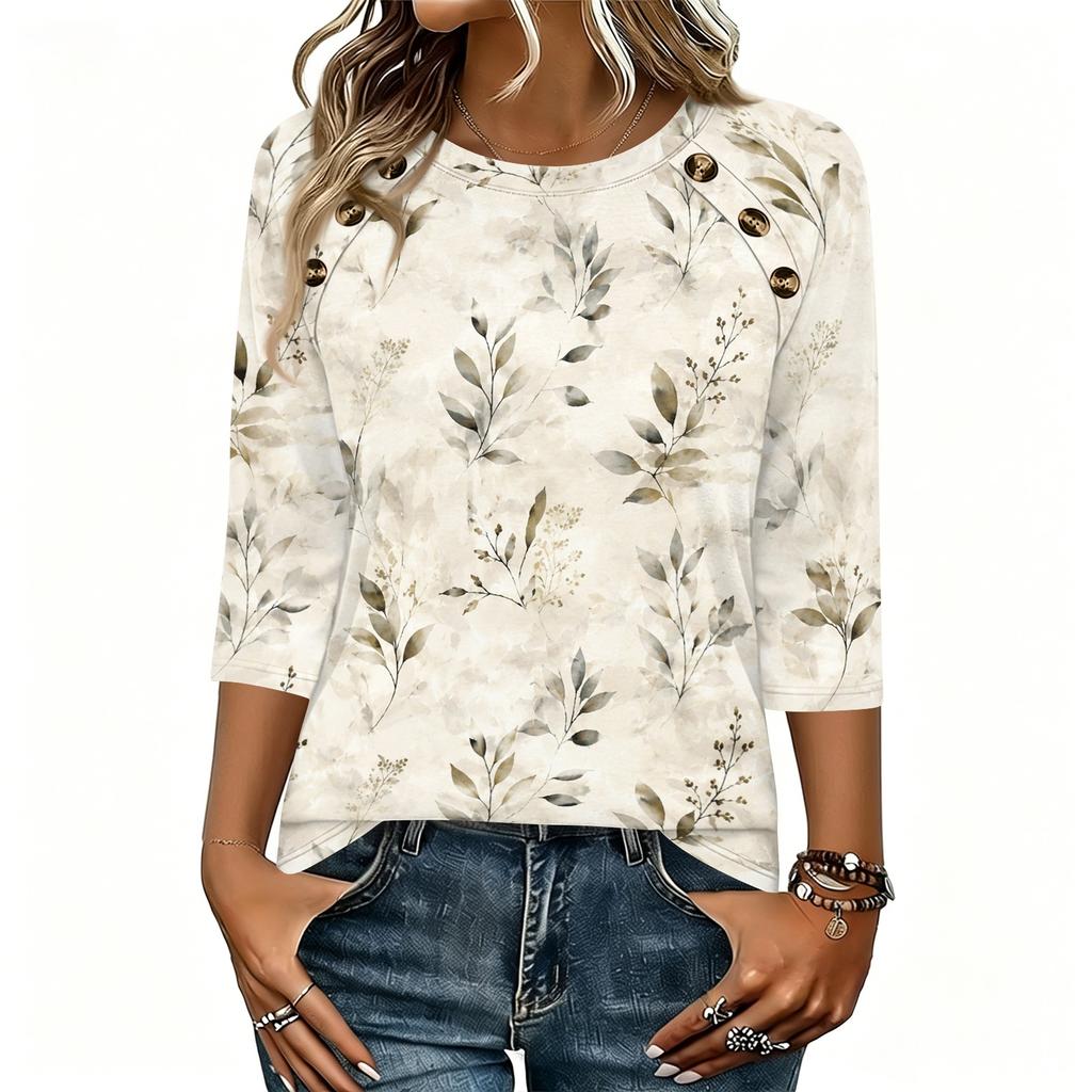 Women 34 Sleeve Crew Neck Button T Shirt Floral Print Casual Loose Fit Top for Daily and Office Wear