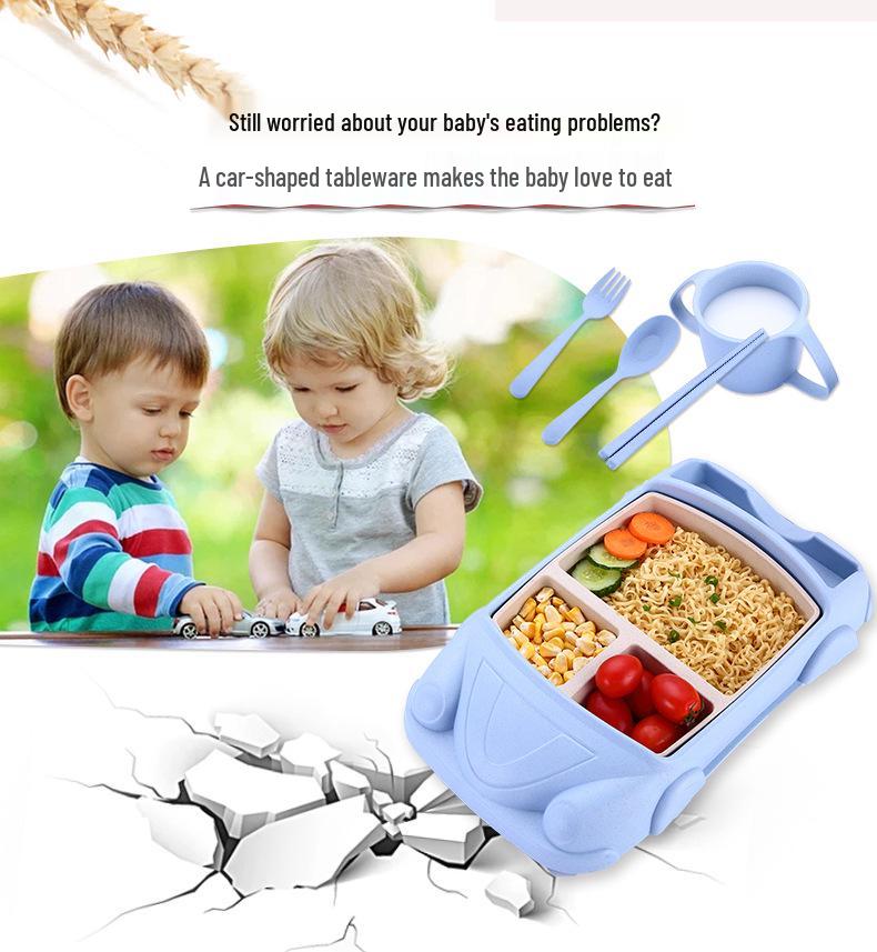Wheat Cartoon Car Kids' Tableware Set: Divided Plate, Chopsticks, Fork, Spoon, Cup.