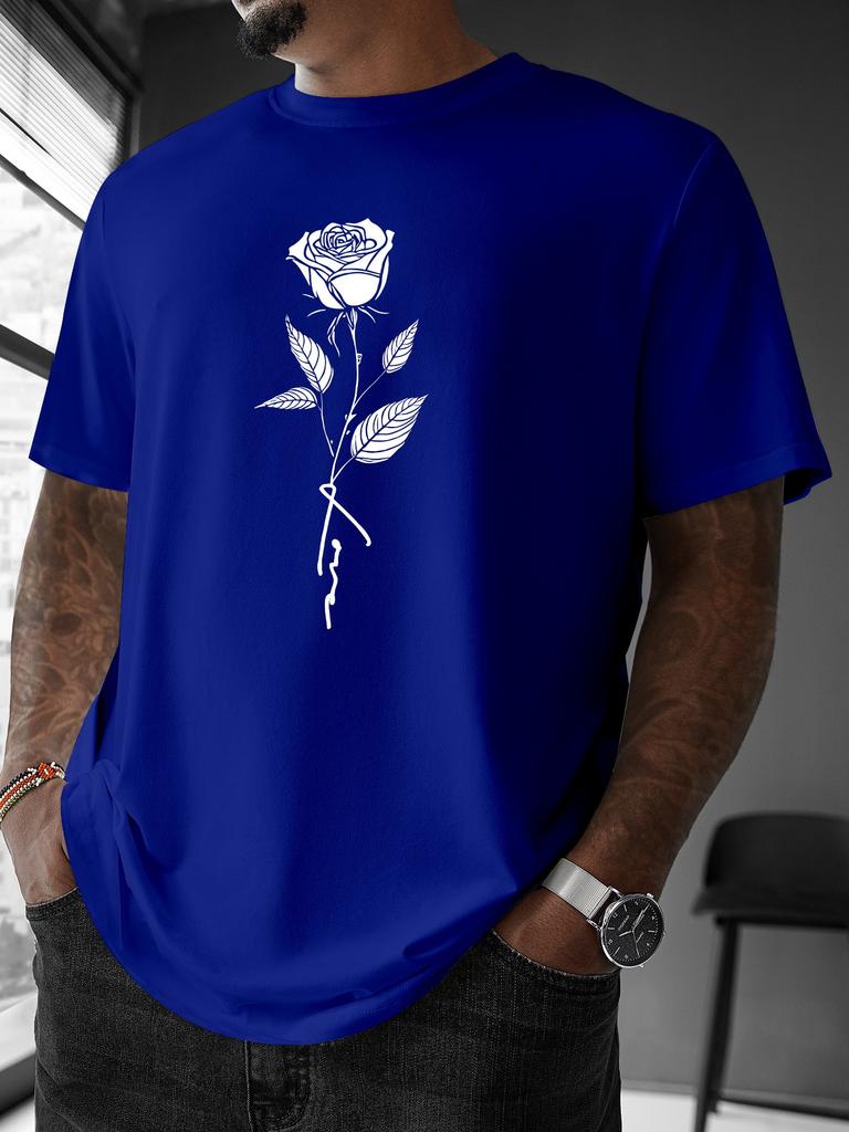 Unisex Summer Cotton Short Sleeve T Shirt Minimalist White Line Rose Stem Print Crew Neck Aesthetic Street Casual Male Tee