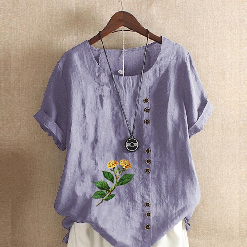 T-shirt à manches courtes et imprimé floral pour femme, ample, en coton, décontracté, grande taille, été