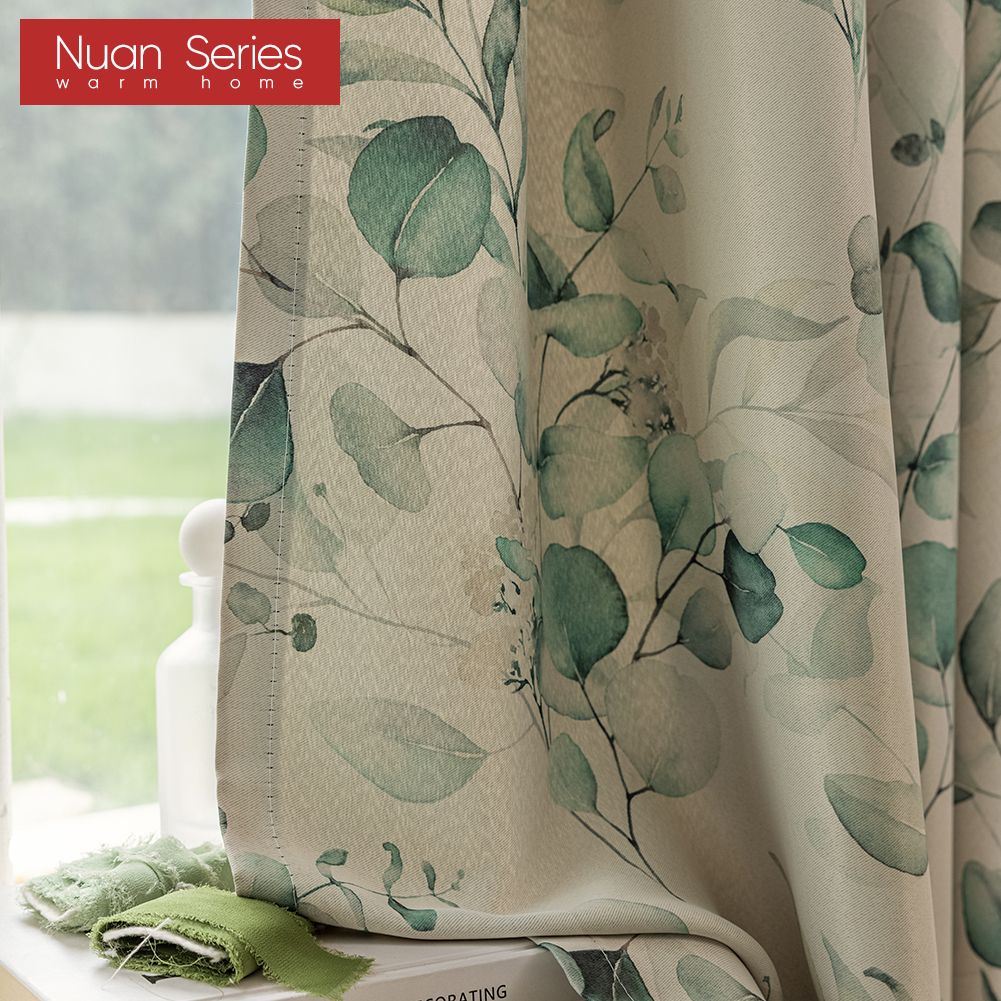 1PC Nuan Series 70-80% Blackout, Hand Painted Green Plant Printed Curtains, American Pastoral Style Curtains for Bedroom Living Room Home Decor