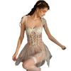 Women's Sheer Mesh Bow Low Cut Underwire Push Up Padded Lingerie Sleep Dress