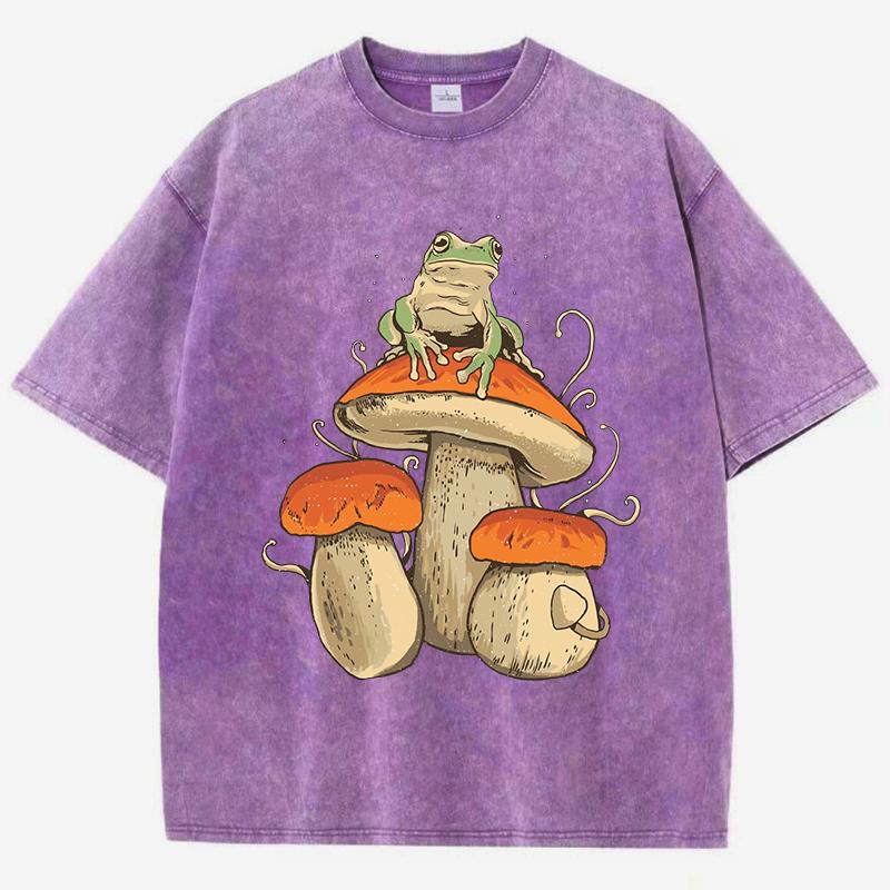 Mushroom Frog Art Aesthetics Print Washed T Shirt Women Summer Vintage Short Sleeves Cotton Loose O-Neck T-Shirt