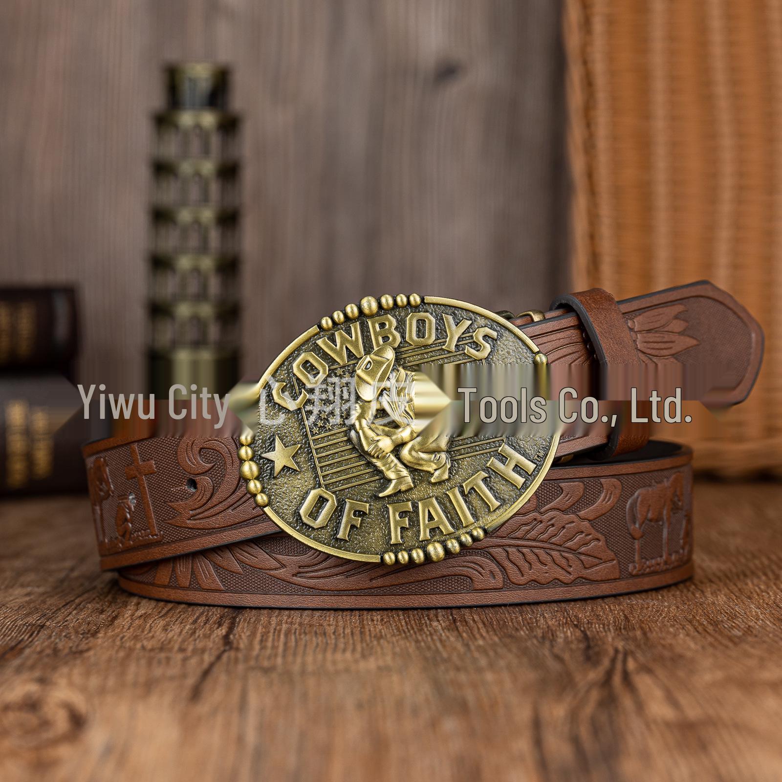 Cross Retro Cowboy Western Zinc Alloy Buckle PU Leather Embossed Unisex Belt 120 cm коричневый