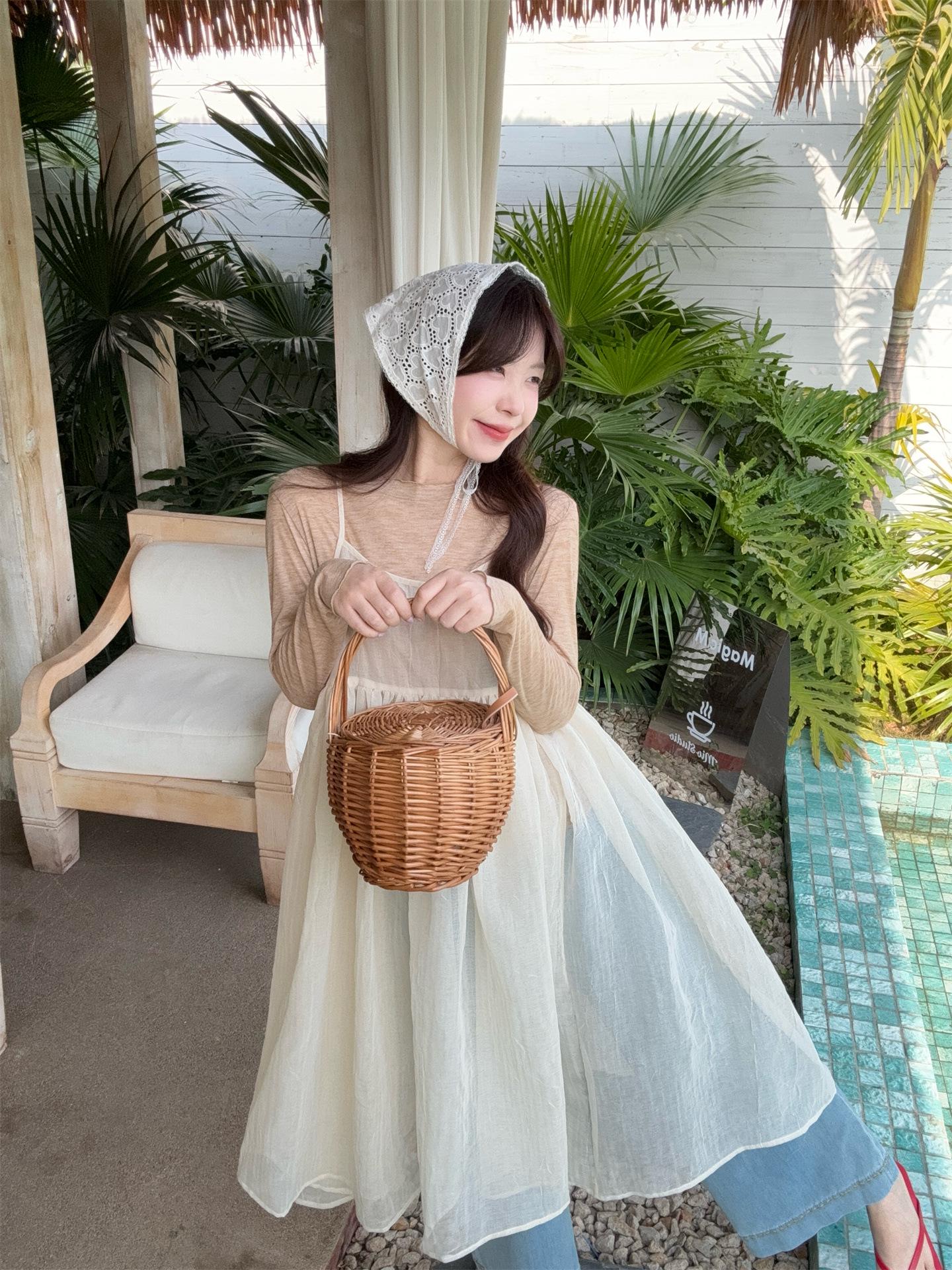 Summer Sweet Round Neck Shirt and Mesh Camisole Dress Set for Women One Size