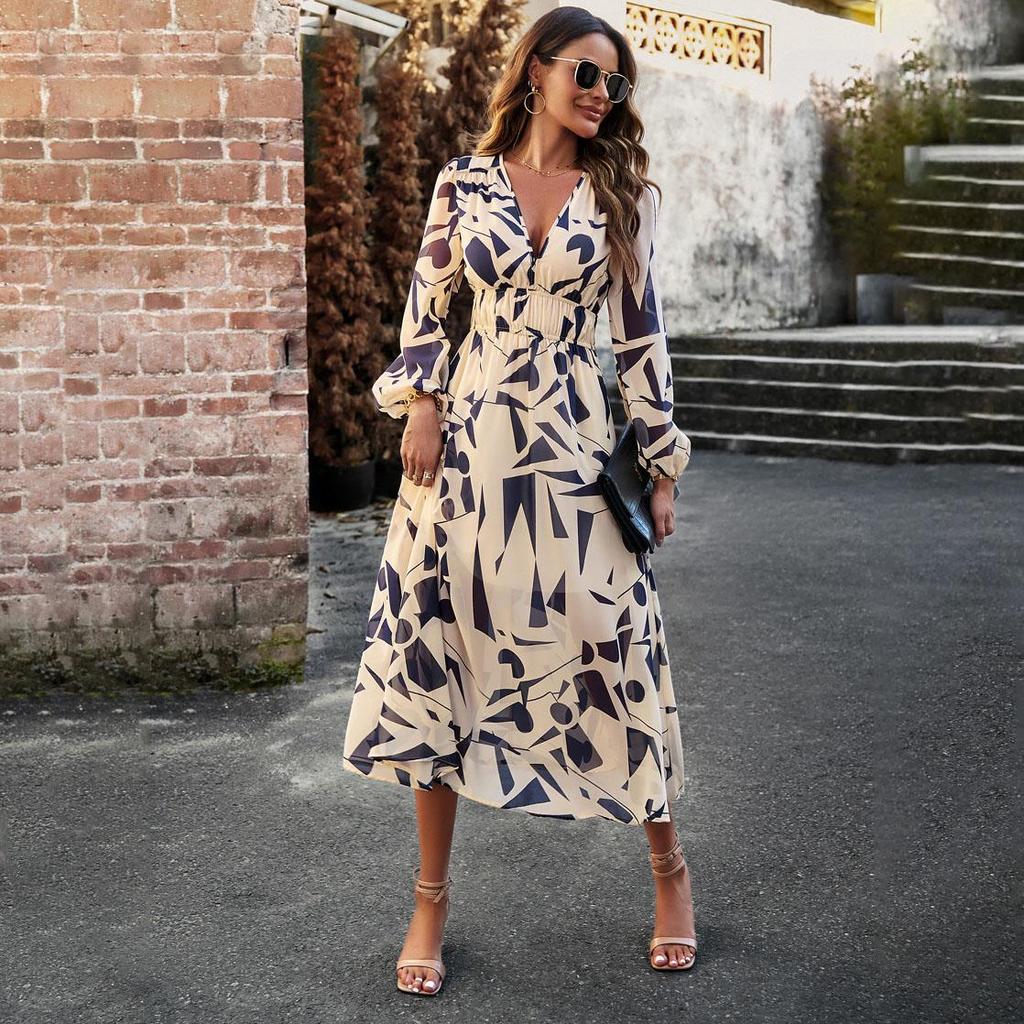 Women Autumn Winter Long Sleeve Print V-neck Casual A-Line Knee Length High Waist Dress