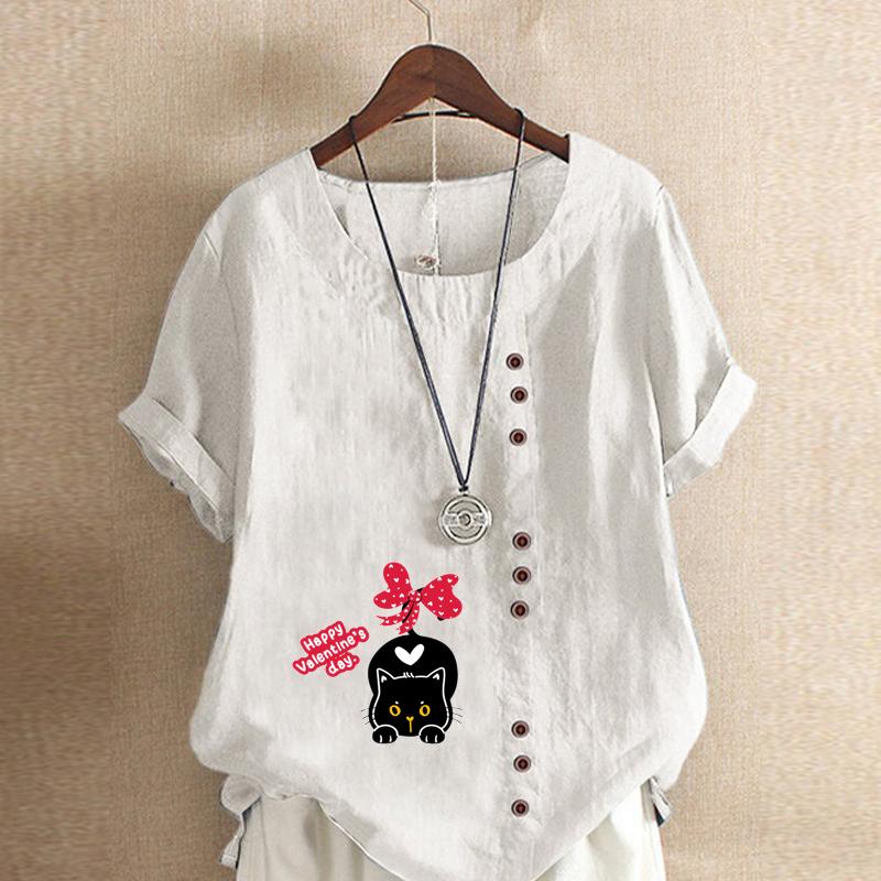 

Женская модная футболка с коротким рукавом и принтом в виде черной кошки, свободная хлопковая рубашка, повседневная свободная летняя блузка, топы больших размеров 5XL белый