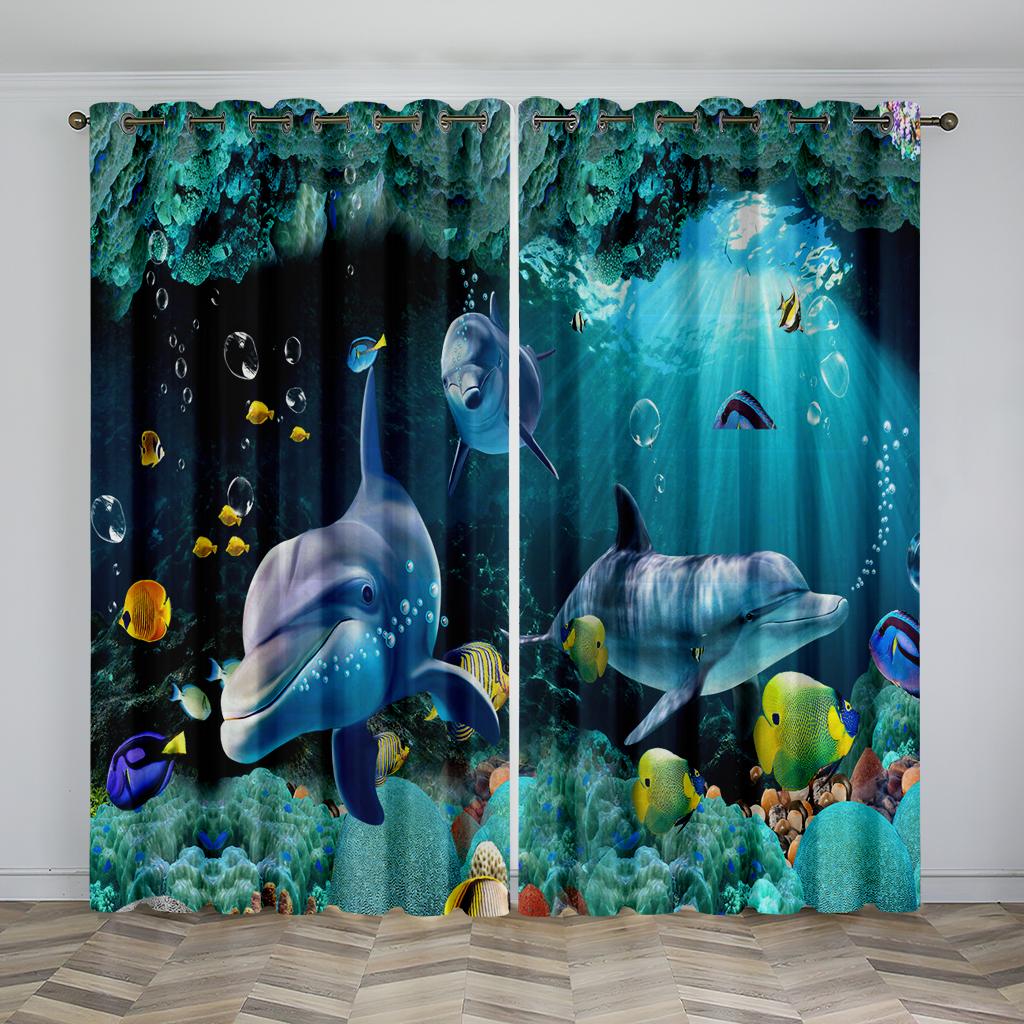 

Шторы в морском стиле с изображением дельфинов, комплект из двух панелей, изображающих подводный пейзаж с дельфинами и мелкими морскими животными. 50W60H(CM)X2PCS&Rod Pocket