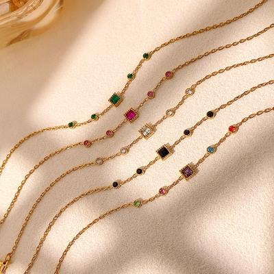 CARLIDANA Elegant Geometric Stainless Steel Square Emerald Colorful Zircon Charm Bracelet Gold Plated Fashion for Women Jewelry
