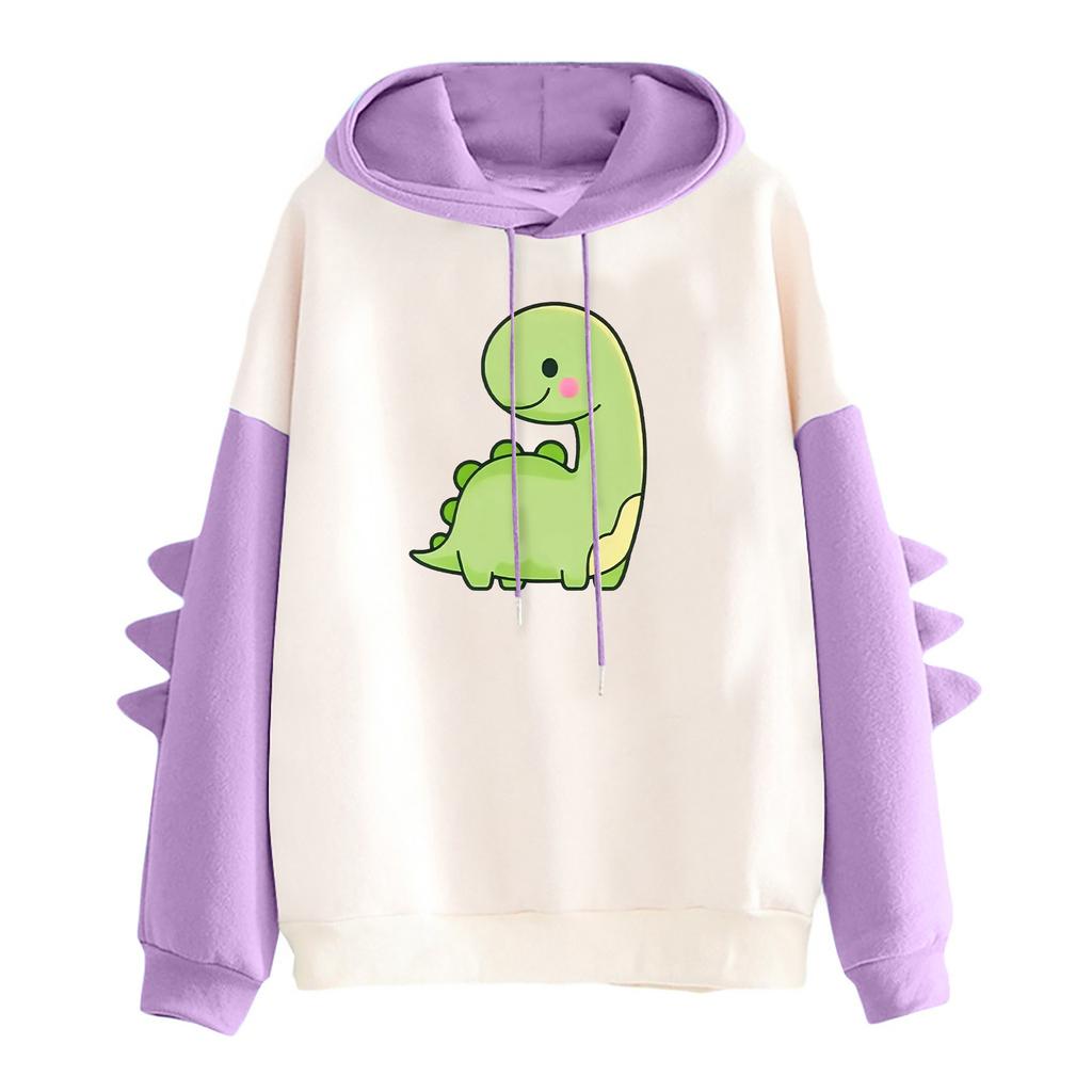 Women's Printed Contrasting Dinosaur Loose Casual Hoodie