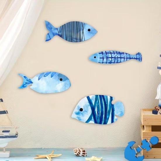 4 Pcs Wood Fish Wall Decor Rustic Blue Fish Beach Wall Art Nautical Coastal Themed Wall Hanging Sculpture for Lake House Ocean Bathroom Decor