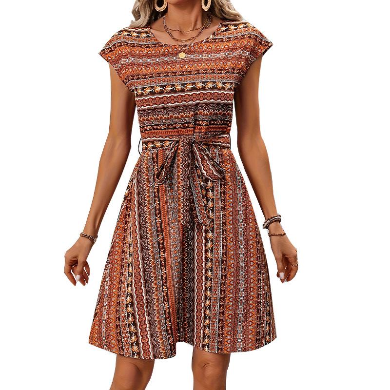 Women Casual Summer Short Sleeve Printed Bandage One Piece Dress