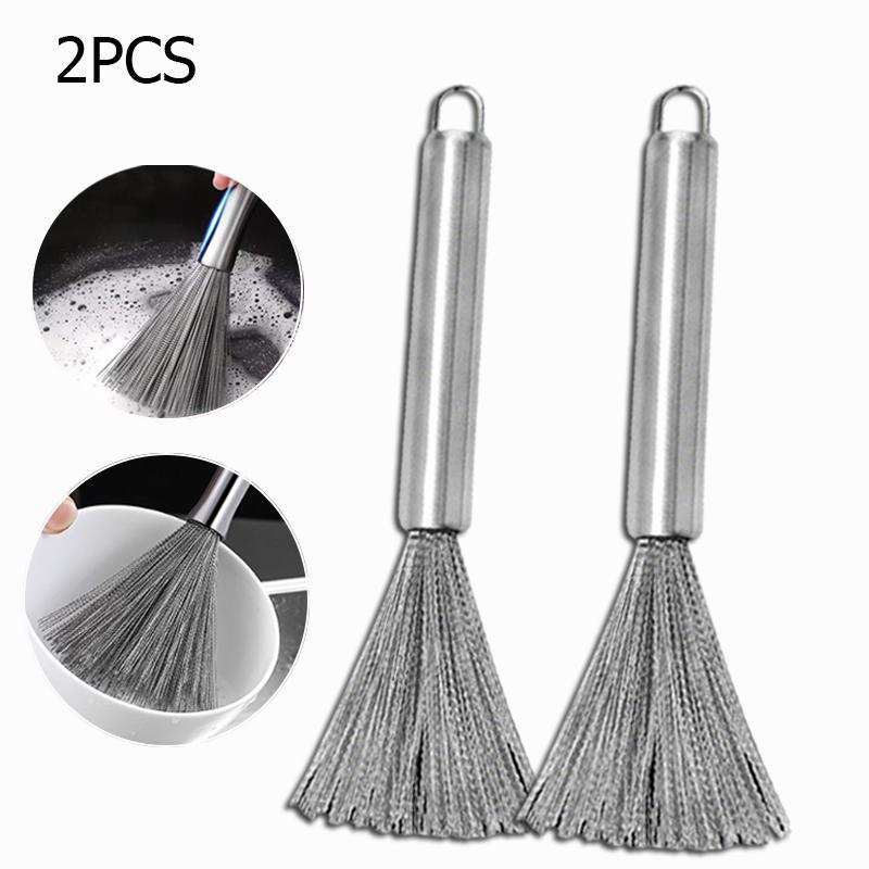 Kitchen Stainless Steel Pot Brush Long-Handled Dishwashing Brush For Kitchen Sink Pans Cleaning Brush Hanging Scrubber Gadget
