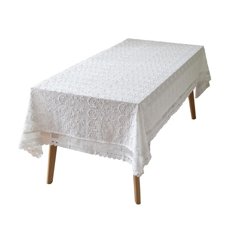 Elegant French Style White Lace Tablecloth With Floral Embroidery Cotton Dining Table Cover Living Room Rectangular
