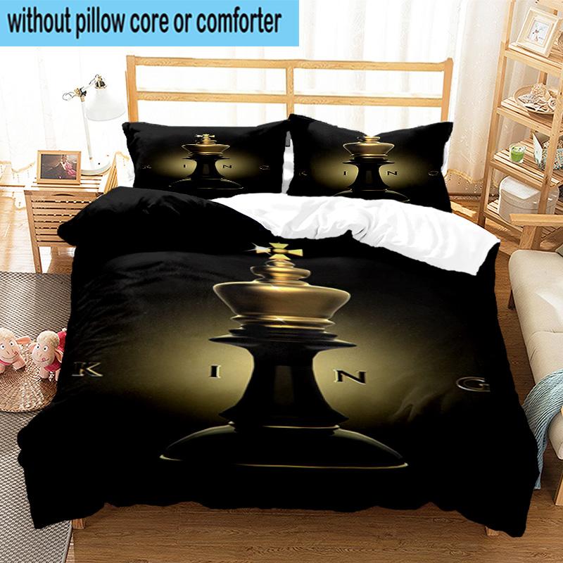 Golden Chess King On Black 3pcs Bedding,Including 1pc Duvet Cover And 2pcs Pillowcases Perfect for Christmas,Ideal for Bedroom, Dormitory