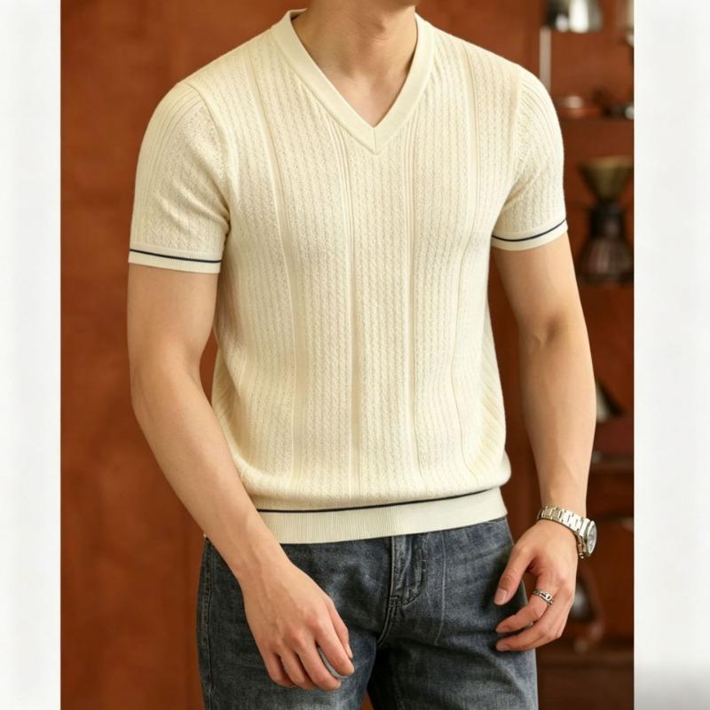 Men S Short Sleeve V Neck Solid Slim Fit Knit Top Summer Casual