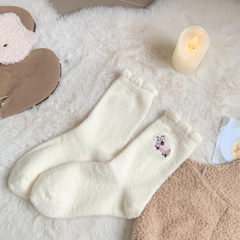 Șosete Termice Calde pentru Femei, Lungime Medie - Design Alb cu Dantelă și Desen Animat Câine Cârnat pentru Toamnă/Iarnă