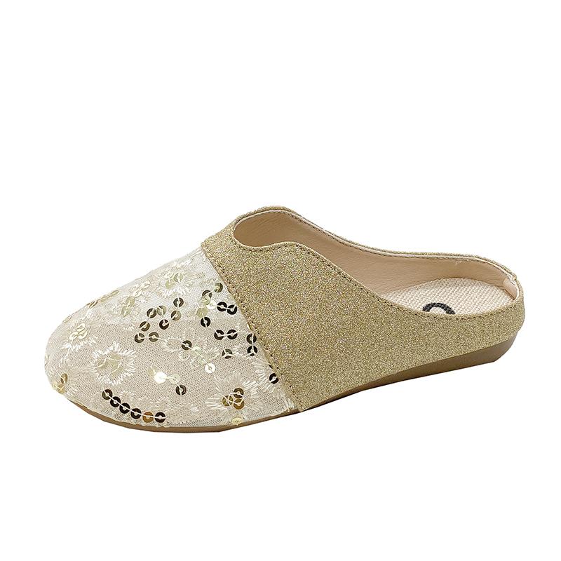 

Fashion Spring New Baotou Slippers Women s Fashion Round Head Deep Mouth Splicing Sequin Cloth Soft Soled Non-slip Flat Shoes 41 золотой