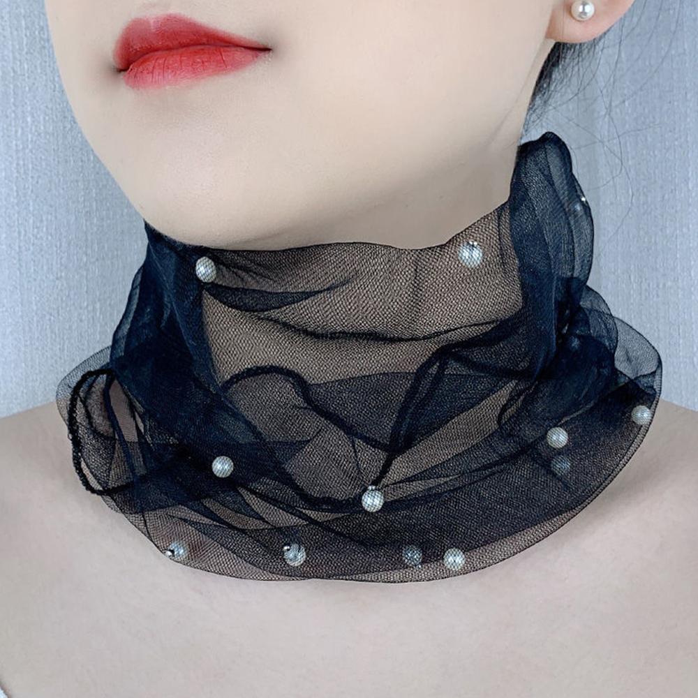 Fake Pearl Pendant Organza Neck Collar Chiffon Scarves Print Shiny Variety Loop Scarf New Bandana Headband Clothing Accessories