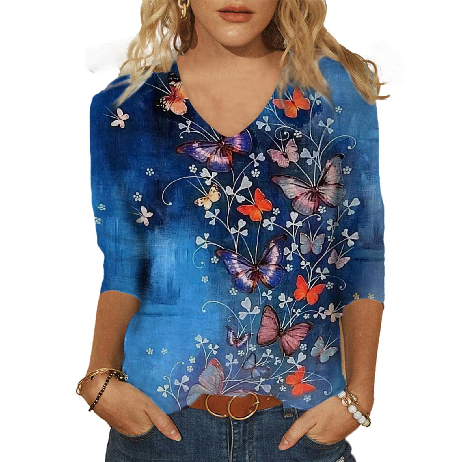 Women s Casual Printed V-Neck 3/4 Sleeve T-Shirt Top In Stock S
