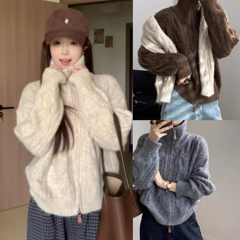 Autumn/Winter Twist Double Zipper Cardigan Sweater Women Fashion Elegant Turtleneck Loose Retro Knitted Jackets New Casual Solid Office Clothing