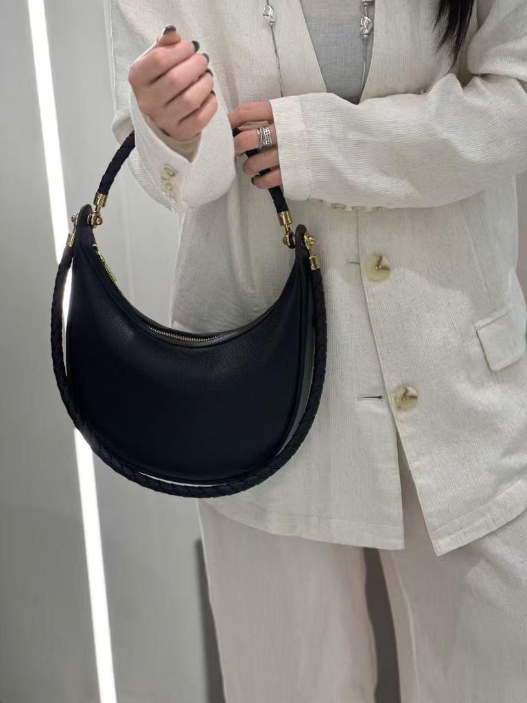 2025 Classic Half-Moon Cowhide Shoulder Bag with Woven Strap