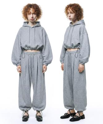 [Set] String Oversized Crop Hoodie + Single-Pleat Wide Pants - Melange