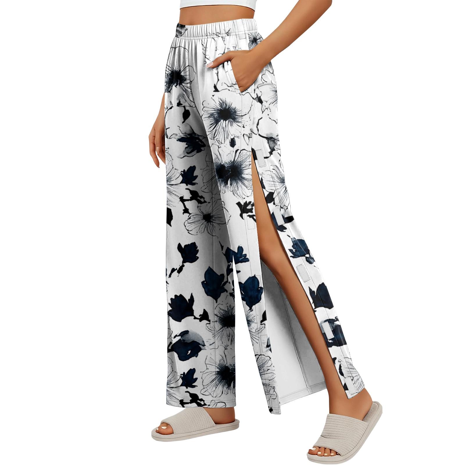

Women Floral Side Velcro Closure Easy Open Post Surgery Recovery Long Pants Elastic Waistband Soft Fabric Comfortable Fit XXL чорний