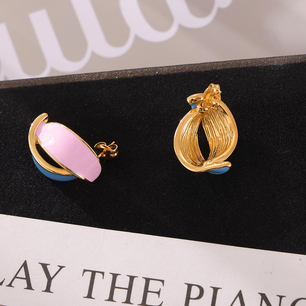 Oil Dripping Titanium Steel Earrings Simple Design Geometric Three-Dimensional Contrasting Color Leaf Studs French Retro Morandi Color