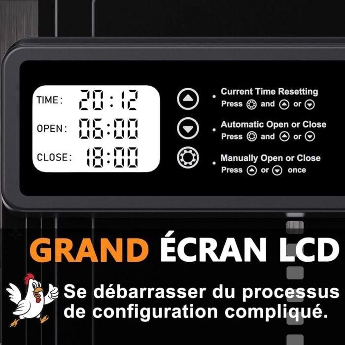 Porte automatique pour poulailler en alliage d'aluminium - minuterie LCD, capteur anti-pincement, 3×AA