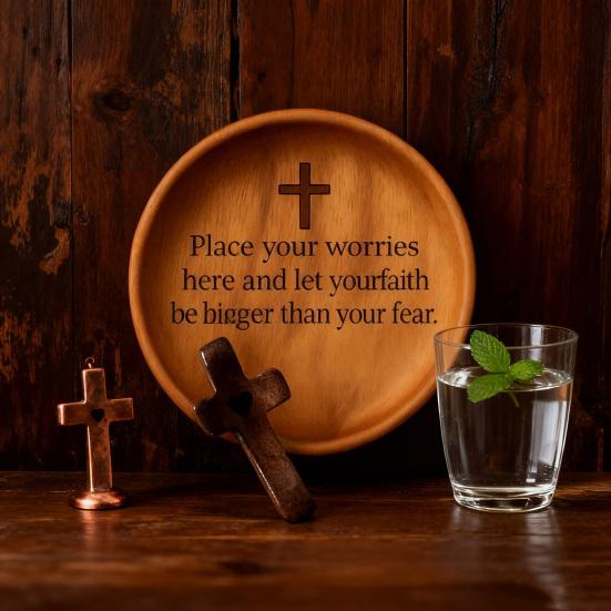Yousheng Wooden Prayer Bowl Farmhouse Rustic Handcrafted Bible Verses Faith Bowl Round Decorative Scripture Blessing Bowl Religious Christian Gift