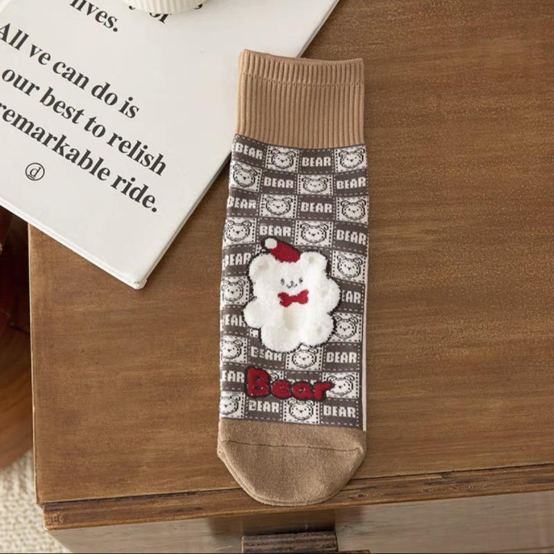 Cute Little Bear Socks, Cartoon Checkerboard Pattern, School Style, Versatile Cotton Socks, Trendy Short Socks