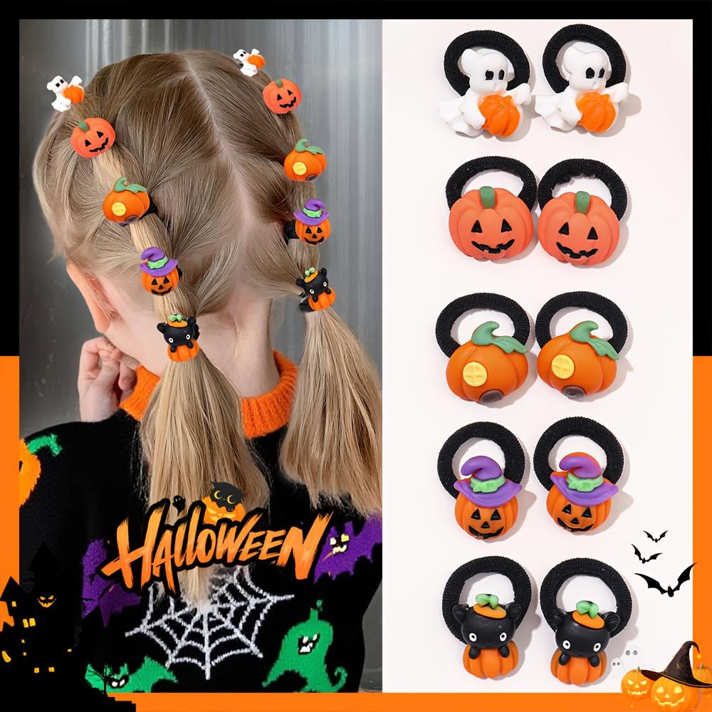 10Pcs Girls' Halloween Hair Ring - Funny Pumpkin and Ghost and Bat Cat Design Suitable for Halloween Gifts for Girls