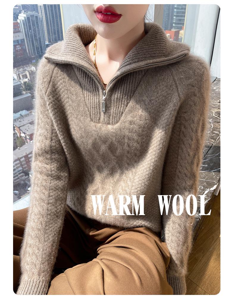 Women's Heavyweight Three-Ply Wool Half-Zip Sweater - Fashionable & Versatile for Autumn/Winter.