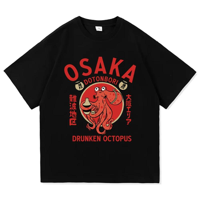 Funny Osaka Dotonbori T Shirt Fashion Men/Women Retro Takoyaki Osaka Drunken Octopus T-Shirt Unisex Vintage Cotton Tees Shirts