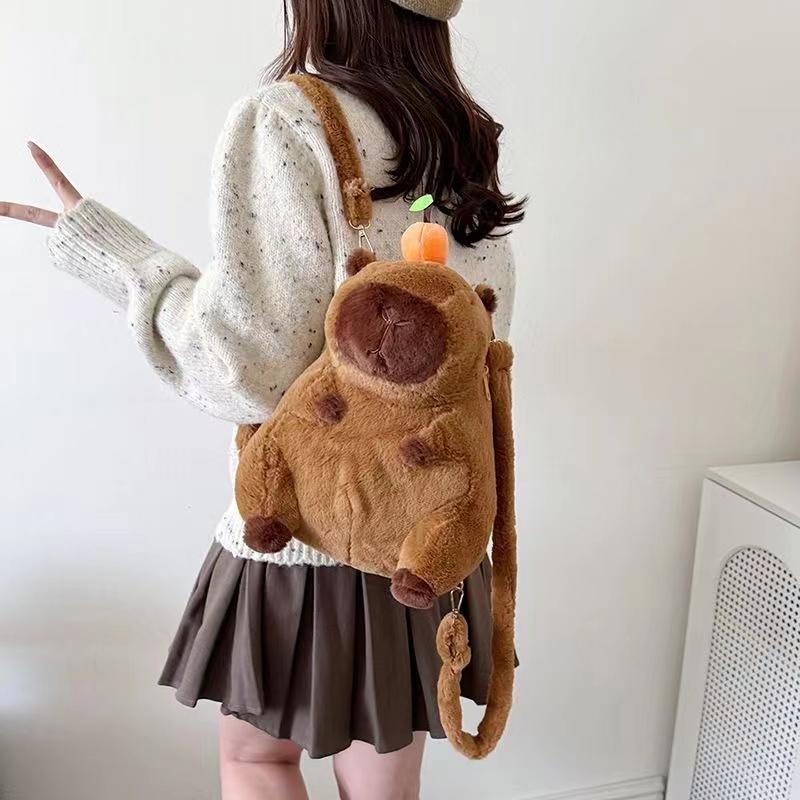 Kawaii Capybara Plush Shoulder Bag Backpack Cute Cartoon Soft Chest Pack Fur Bag Storage Cell Phone Bag Winter Gifts for Student