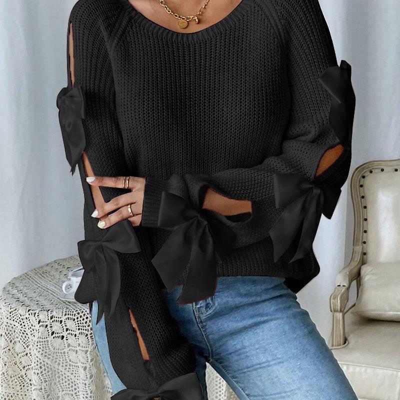 

Женские осенне-зимние пуловеры и свитера с круглым вырезом и бантом, с длинным рукавом, вязаные свитера-топы S чёрный