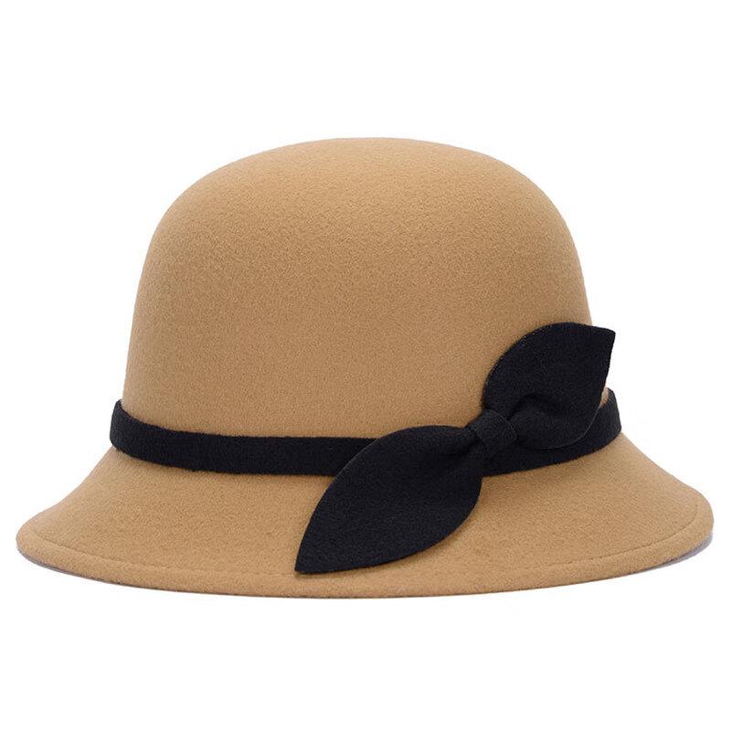 Women's Retro Wool Felt Hat with Leaf Bow