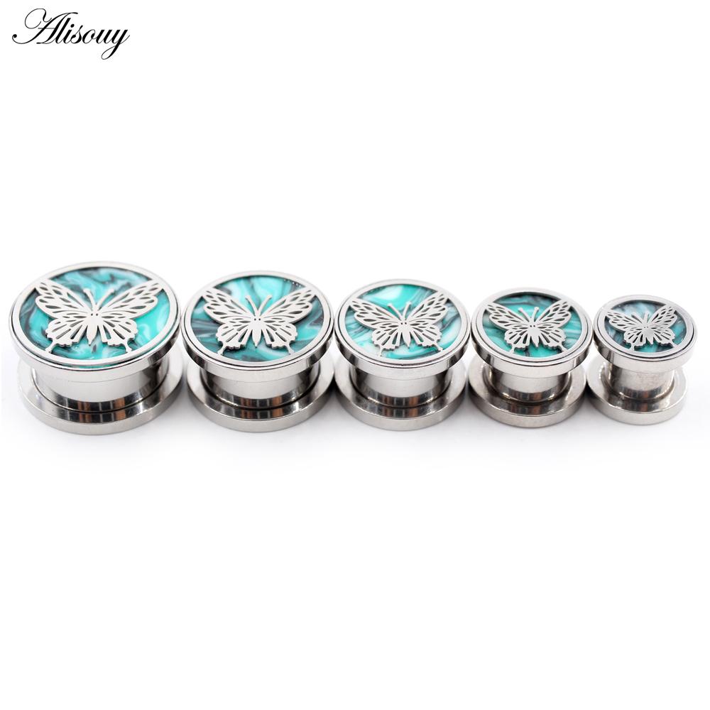 Alisouy 2 SZT. Stal Nierdzewna Motyl Zielony Kamień Tunele do Uszu Plugi Ekspander Rozpychacz Kolczyki Piercing Biżuteria do Ciała