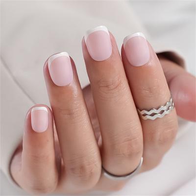 Press On Nails Ombre Short Square Fake Nails French Tip Glossy False Nails Stick Glue On Nail Artificial Fingernails