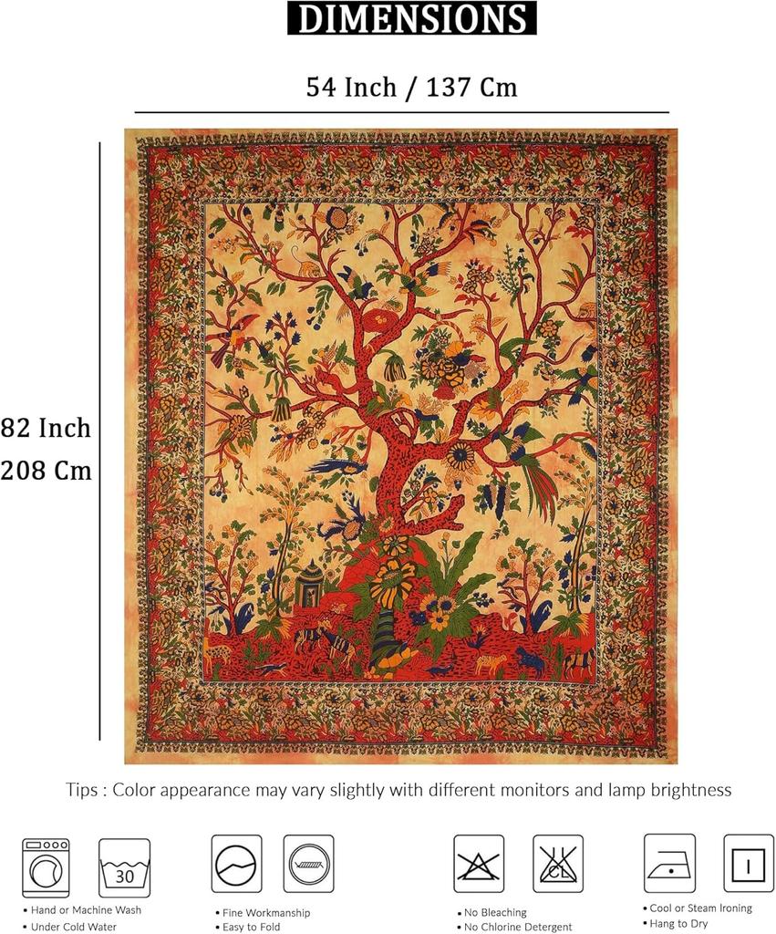 Indian Tree of Life Tapestry Boho Wall Art Multicolor Floral Design Ethnic Decor for Home Living Room Bedroom Yoga Space