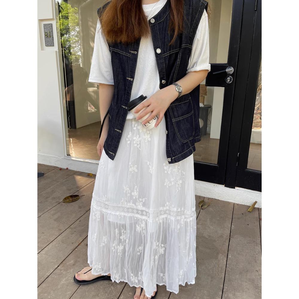 DIMANAF 2025 Summer Women New Skirts Chiffon Lace Solid Elastic Waist Pleated Mesh Elegant Skirts